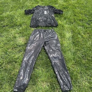 CABLE&l & GAUGE 2 PCs Set Short Sleeve Pants Sequin Black Women’s NWT Small